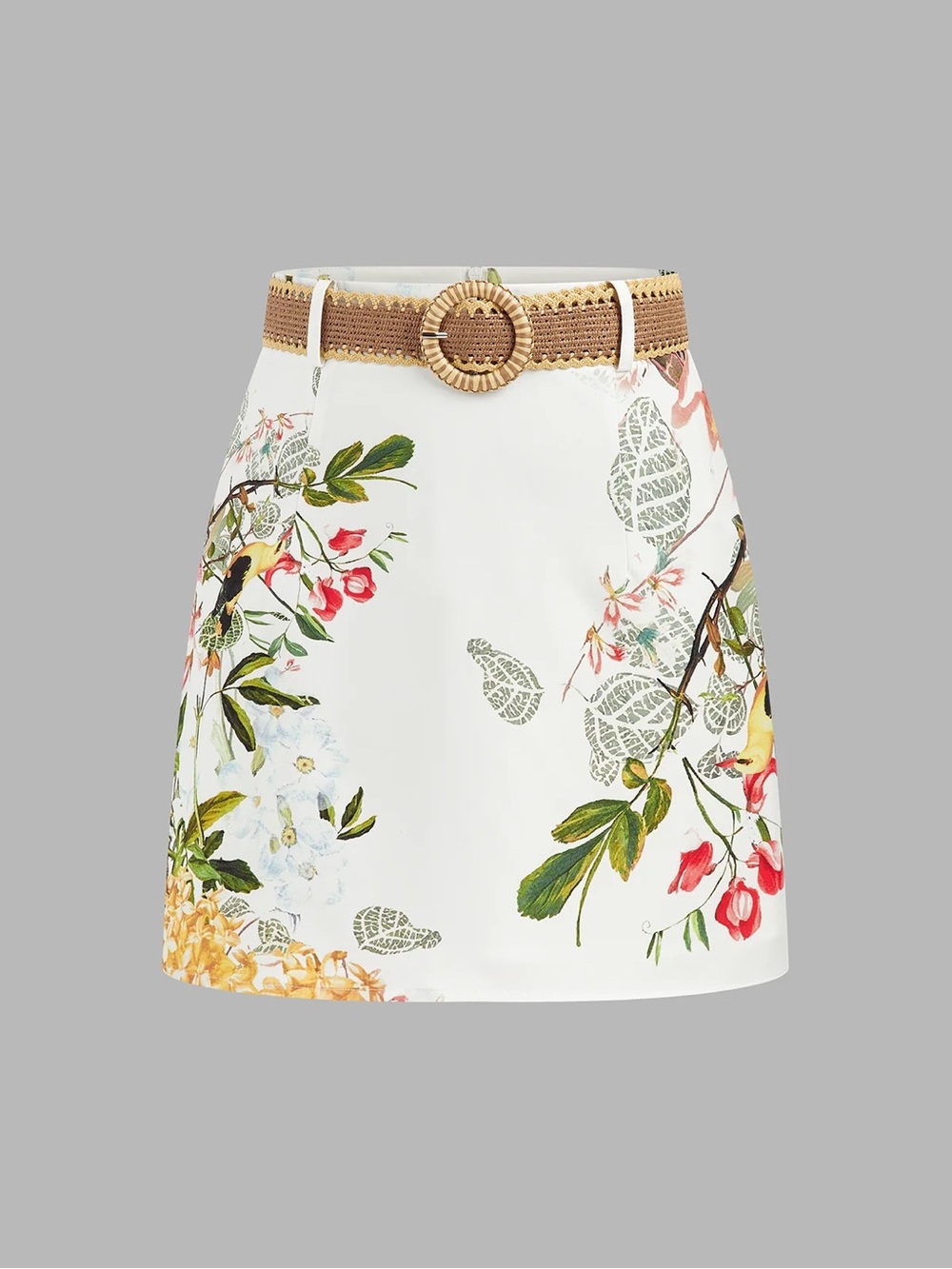 Commense White Mini Skirt with Floral Print and Woven Tan Belt